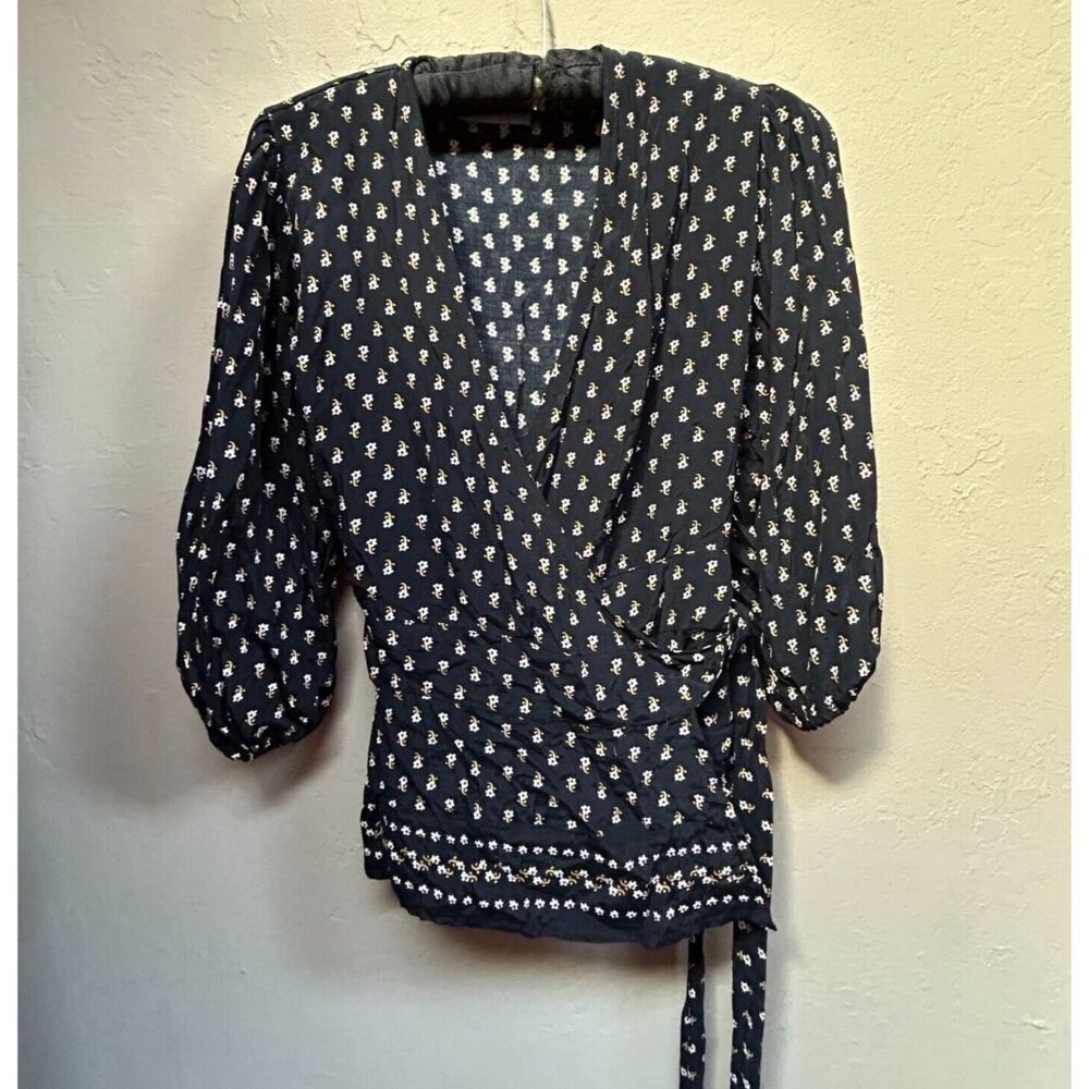 Faithful the Brand Anthropologie Yvette Wrap Floral Blouse Womens Sz 2 Black Top